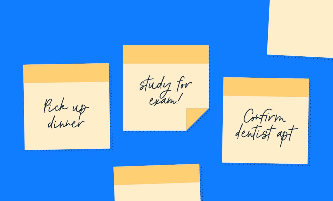 Post it notes that say, 'pick up dinner, study for exam, confirm dentist apt' on blue background. Illustration.