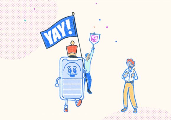 Pocket Prep phone mascot celebrating with two people while holding a sign. Illustration.