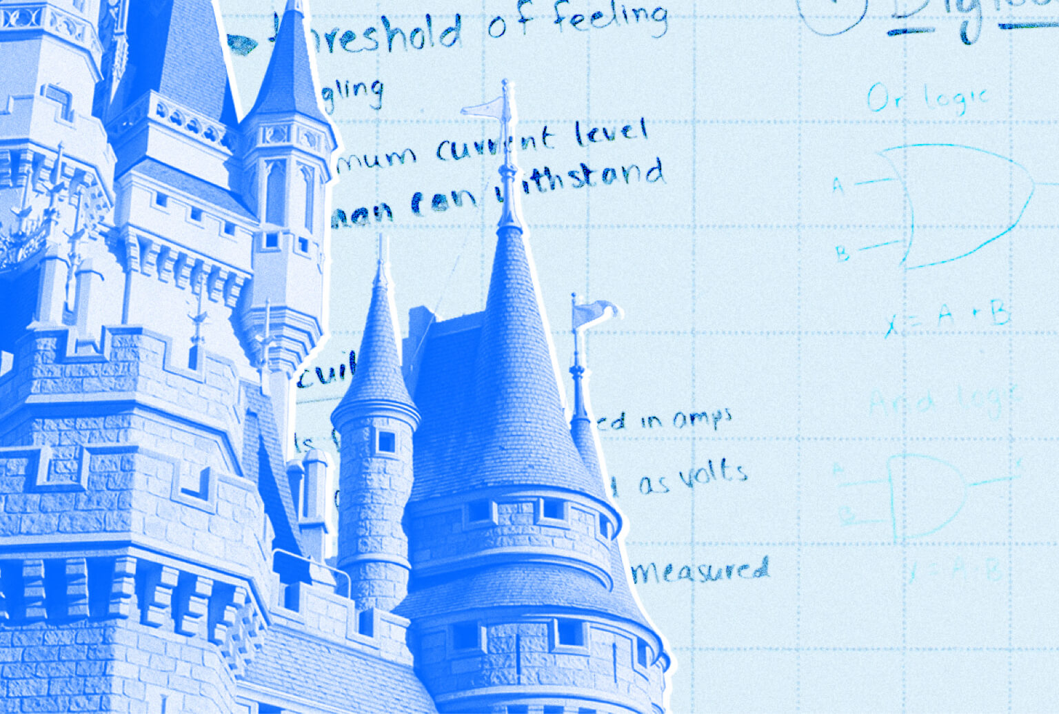 Castle rooftop and spires superimposed over a graph paper background.