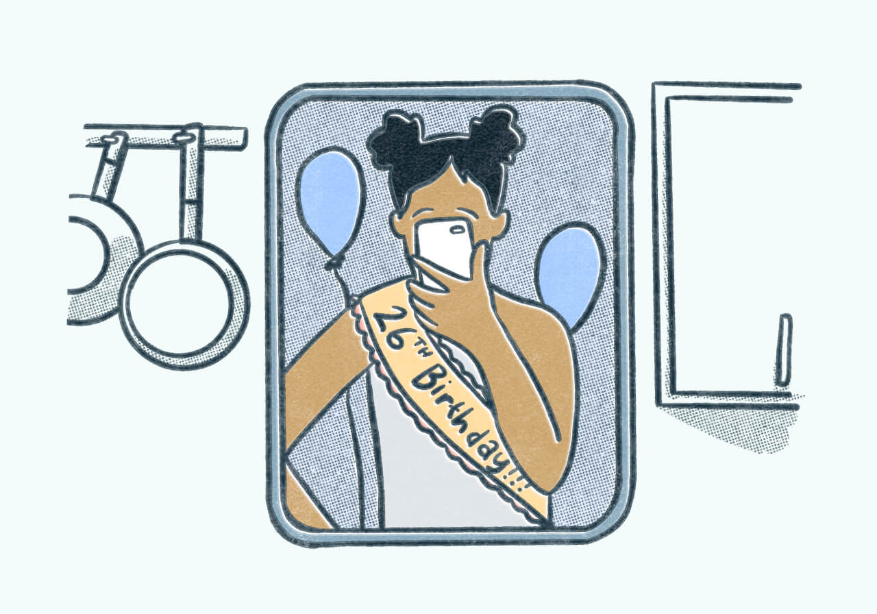 A person takes a selfie in a mirror wearing a sash that says, '26th Birthday'. Illustration.