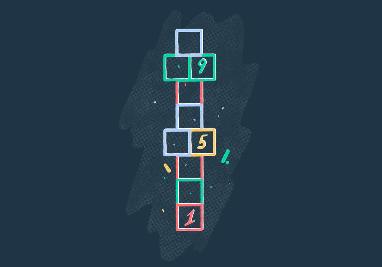 Hopscotch is drawn on a dark background with the numbers 1, 5, and 9 listed. Illustration.