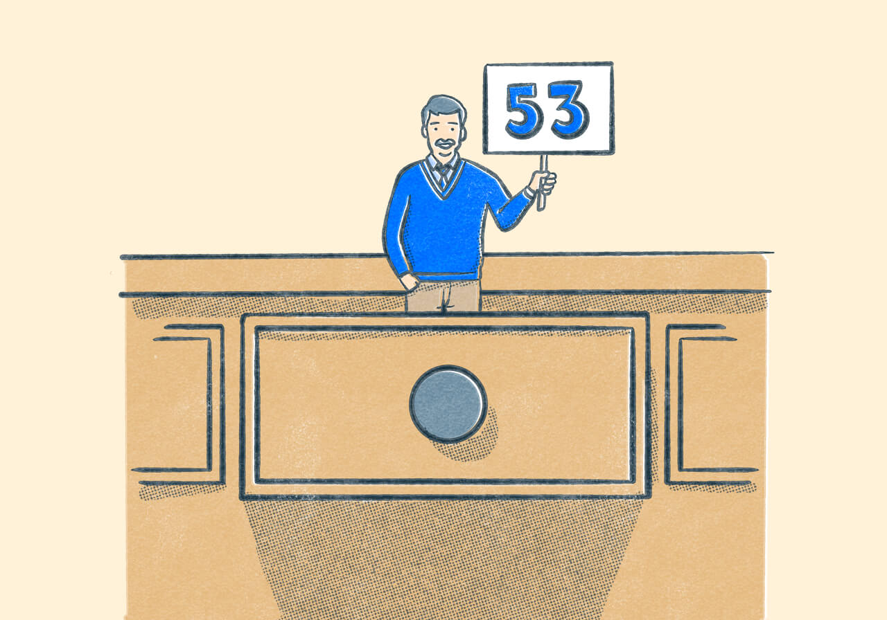 A miniature person pops out of a drawer holding a sign that has the number '53' on it. Illustration.