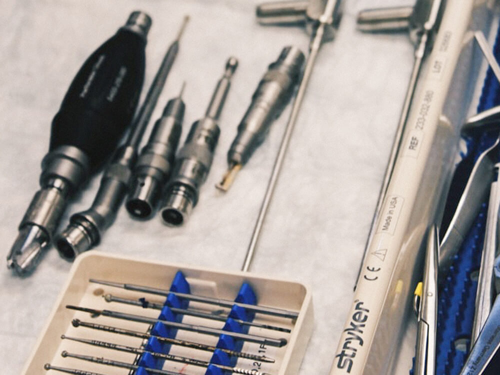 Surgey tools placed across medical tray