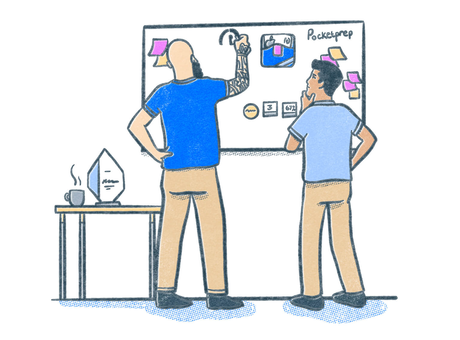 Co-founders Peter and Ken work at a whiteboard to dream up Pocket Prep. Illustration.