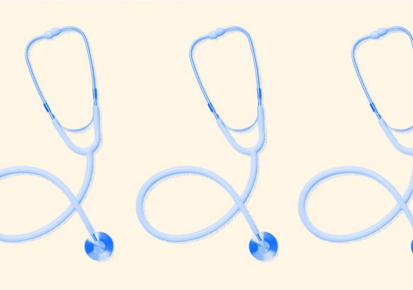 Three blue-tinted stethoscopes in a row on a yellow background.