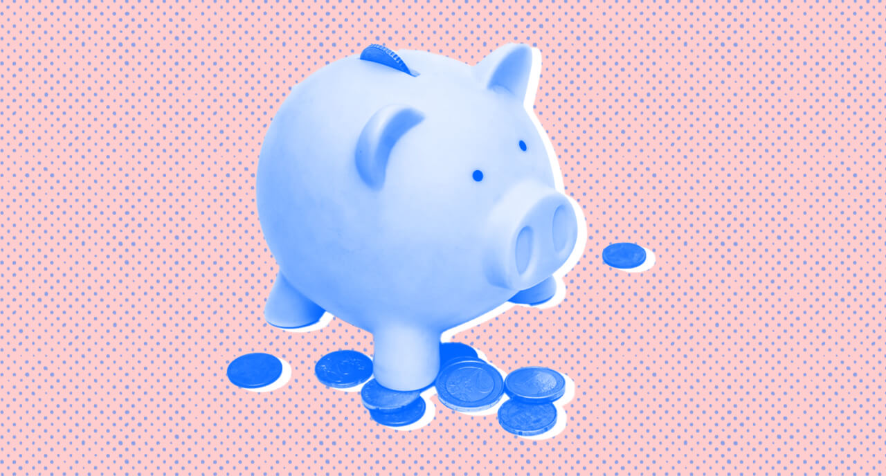 Piggy bank on pink background with coins scattered around the base. Halftones.