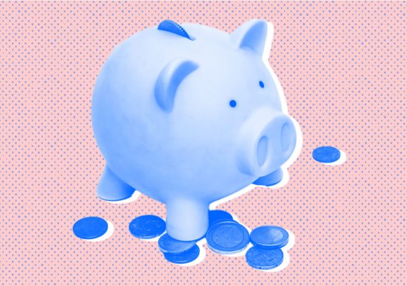 Piggy bank on pink background with coins scattered around the base. Halftones.