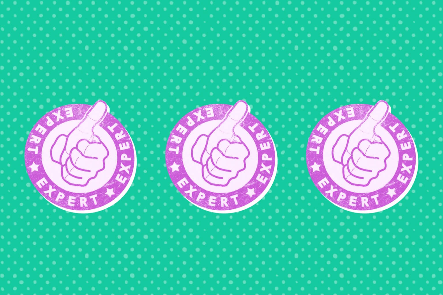 Three purple badge illustrations showing a thumbs up with the word 'expert' encircling it on a green background.