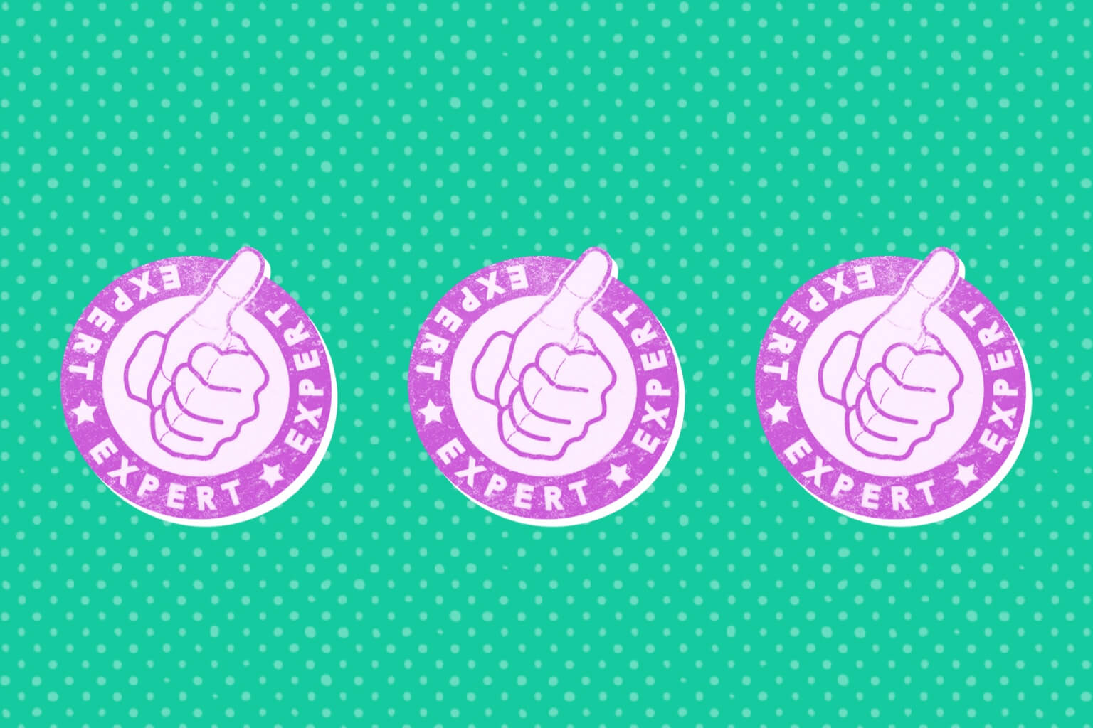 Three purple badge illustrations showing a thumbs up with the word 'expert' encircling it on a green background.