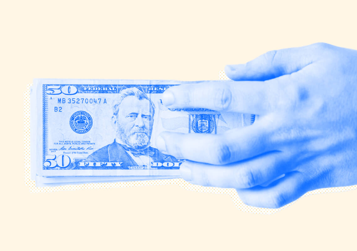 Blue-toned hand grabbing onto a stack of fifty dollar bills on a yellow background.