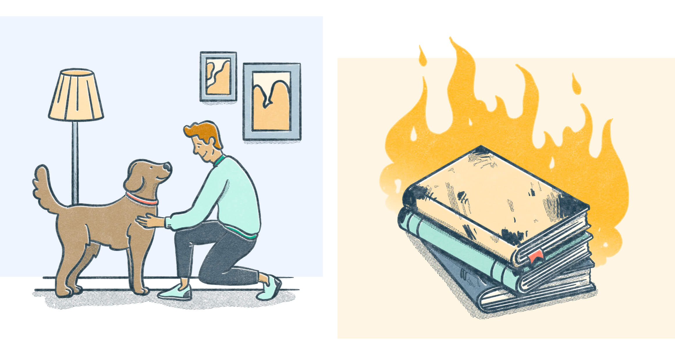 A man playing with his dog on the left and a stack of books on fire on the right. Illustration.