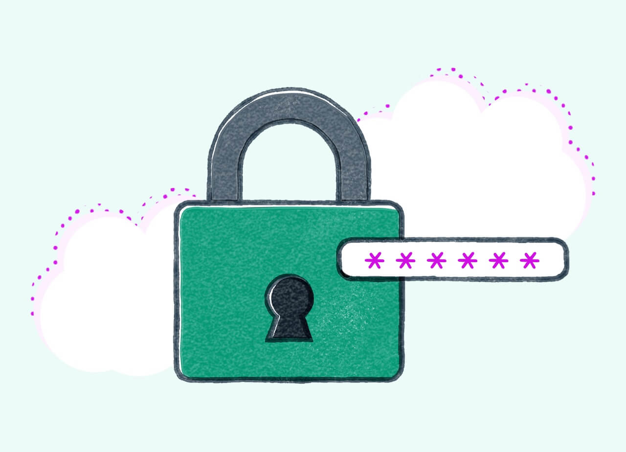 Green lock with security password form field on two clouds. Illustration.