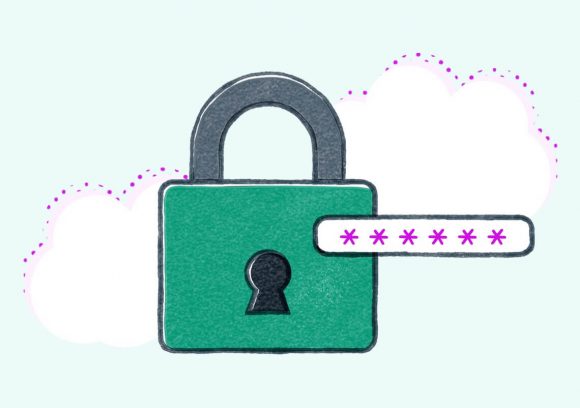 Green lock with security password form field on two clouds. Illustration.