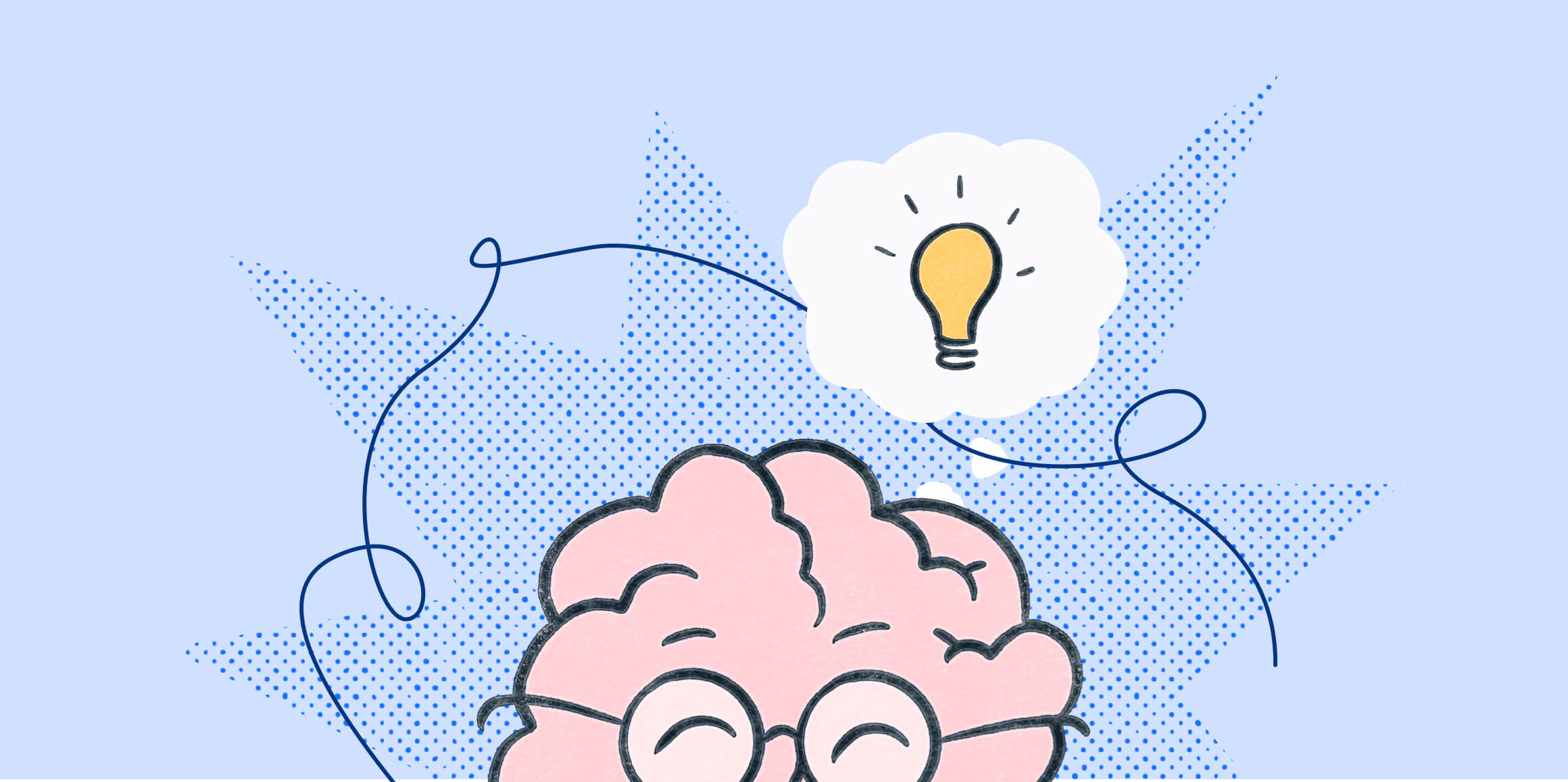 A brain wearing glasses with a lightbulb overhead on a blue background. Illustration.