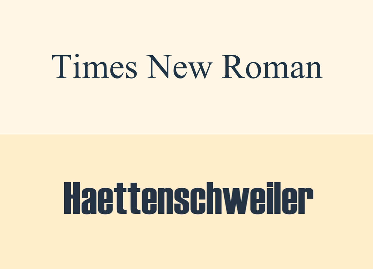 Two font examples - Times New Roman and Haettenschweiler - stacked on top of each over over a yellow background.