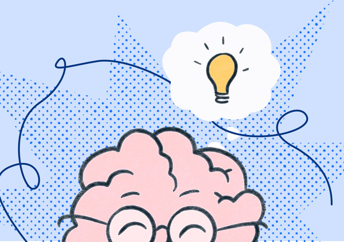 A brain wearing glasses with a lightbulb overhead on a blue background. Illustration.