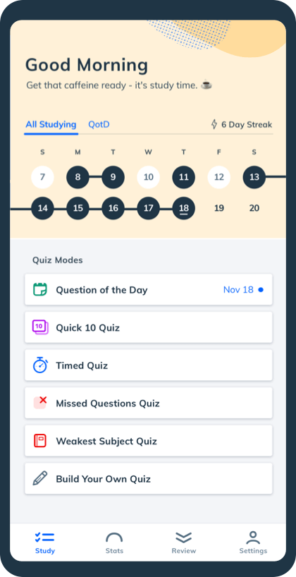 Pocket Prep mobile app study tab with 6 quiz modes below calendar of study streaks.