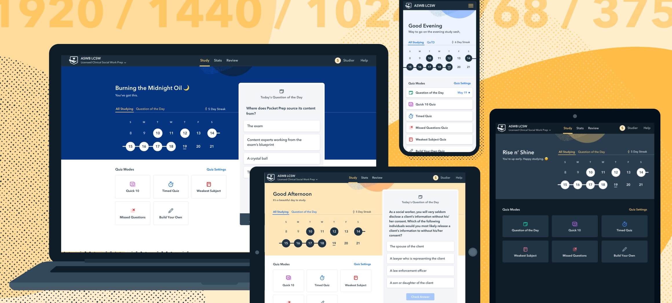 Study tab shown across desktop, tablet, and mobile screens.