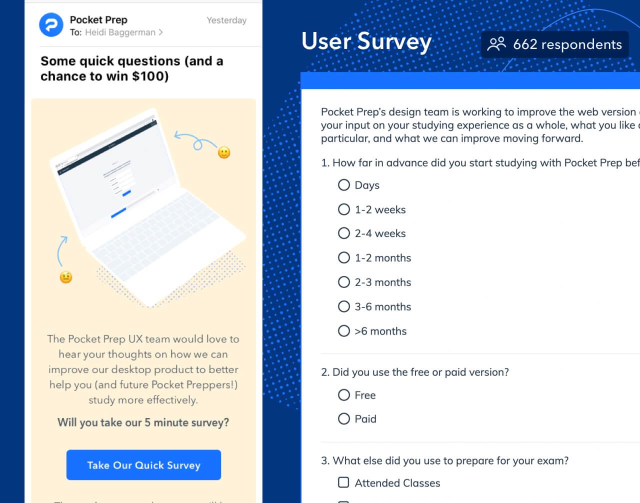 Screenshot of user survey and invite email. Over 650 studiers responded.