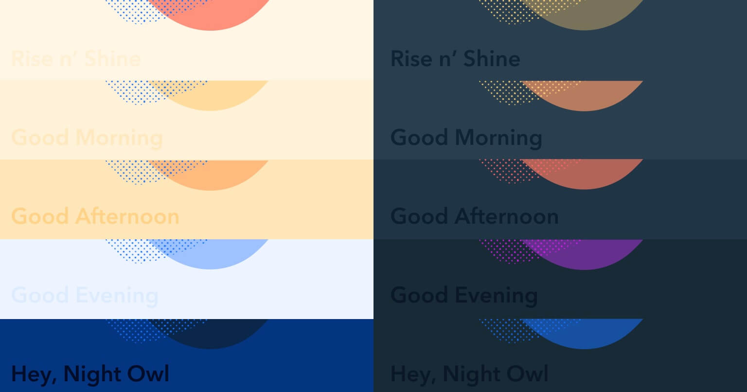 Home page banner colors and greetings shift by time of day.