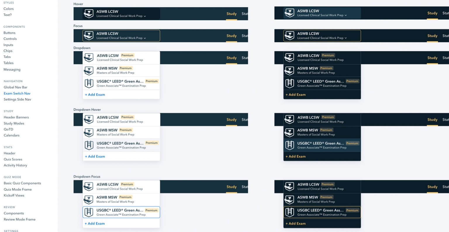 Image navigation component states across hover focus, dropdown, etc.