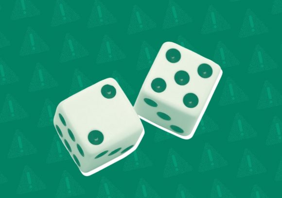 Two dice, one with a two and one with a five on a green background.