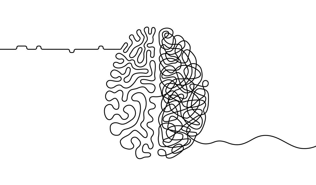 Black line drawing of right and left brain hemispheres with squiggles.