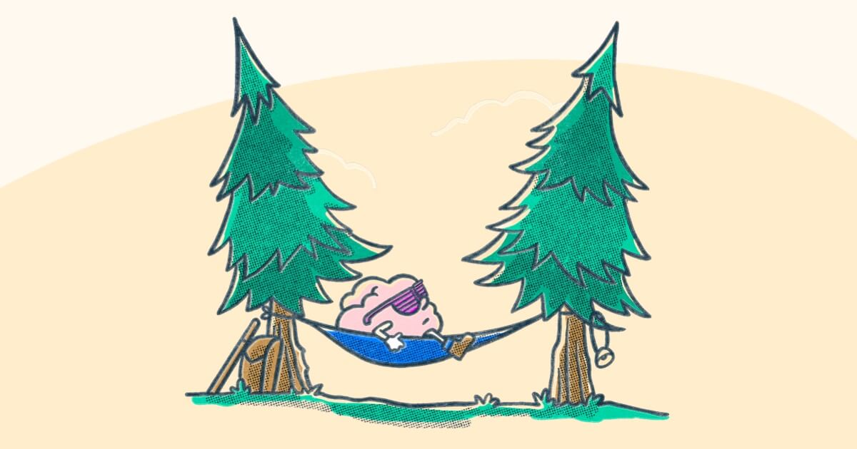 Brain wearing sunglasses relaxing in a hammock between two trees. Illustration.