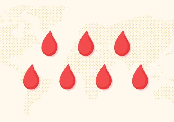 Seven red drops over a beige graphic map of the world.