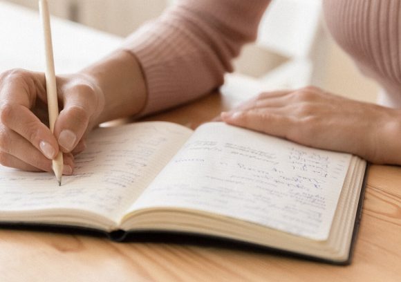 A person writing notes in a notebook with a pencil while sitting at a table. Close up.