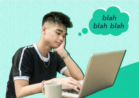 A bored person sitting at a desk looking at a computer with a speech bubble saying, 'blah blah blah'. Green background.