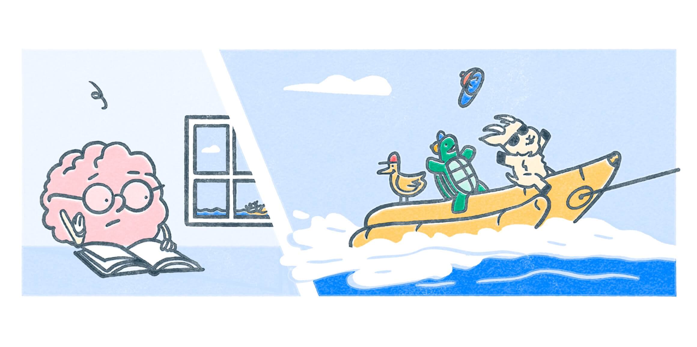 Split screen of a brain character trying to study with several characters riding a banana boat.