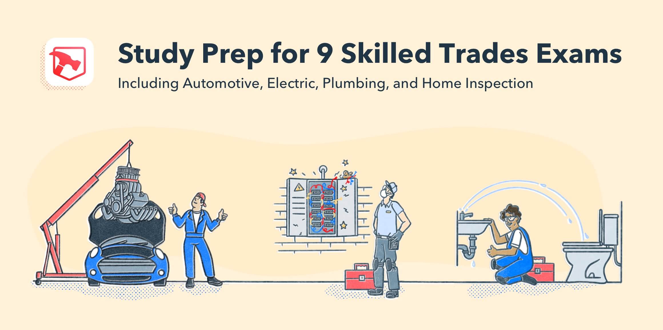 Promotional image of Skilled Trades App with app icon and illustrations of a mechanic, a home inspector, and a plumber.