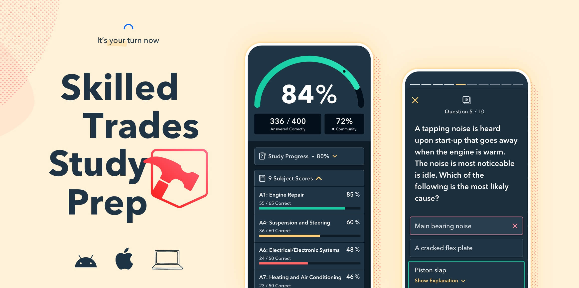 Promotional image of Skilled Trades App showing two screens: Student’s stats view and a sample practice question.