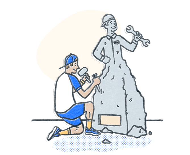 A person kneeling and chiseling a large stone into a statue to look like an automotive mechanic. Illustration.