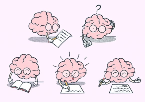 Five brain characters with glasses on a pink background studying. Illustration.