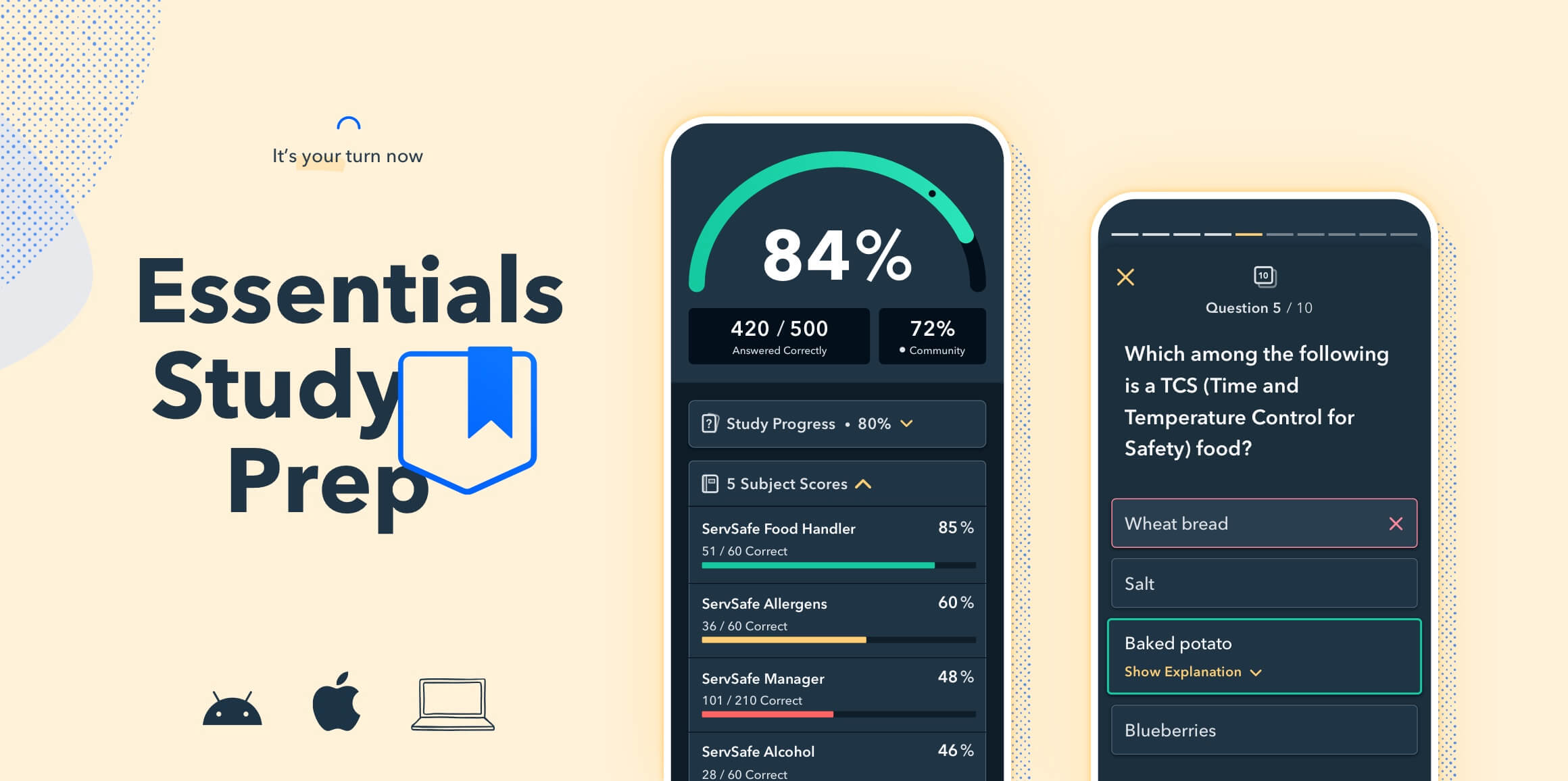 Promotional image of Essentials App showing two screens: Student’s stats view and a sample practice question.