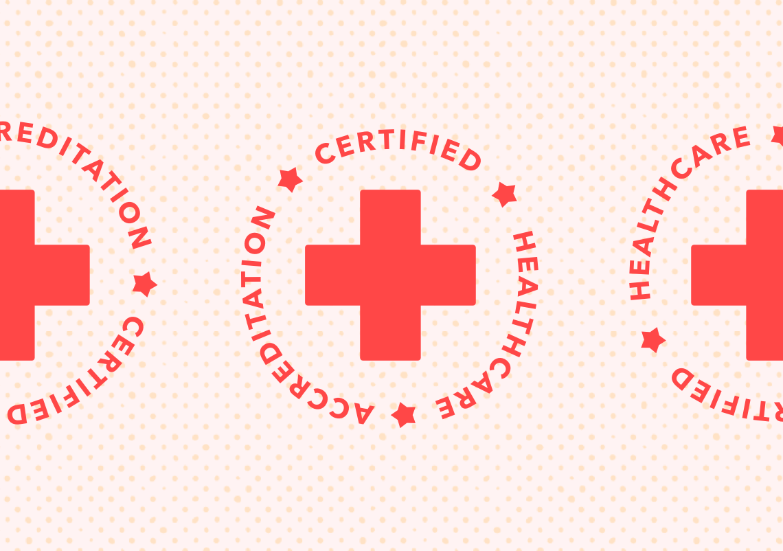Three red crosses on light red background with words 'certified, healthcare accreditation' circling each cross.