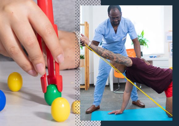 Split screen. Left side shows a person using tongs to practice fine motor control. Right side shows a physical therapist helping a patient do an assisted bird dog stretch.
