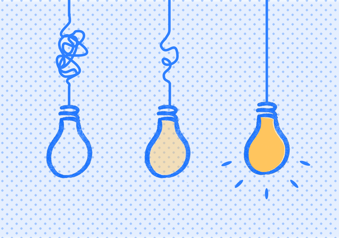 Three lightbulbs with tanged to untangle wires hanging vertically. Third bulb is lit. Illustration on blue background.