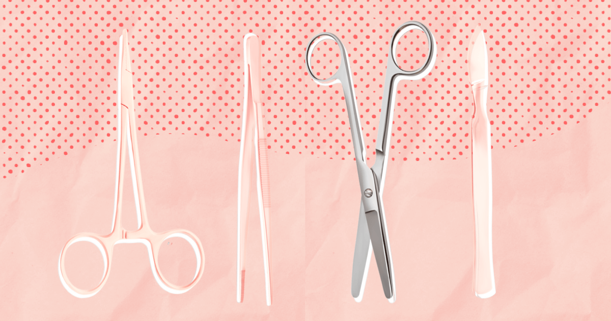 Four surgical tools on a red background.