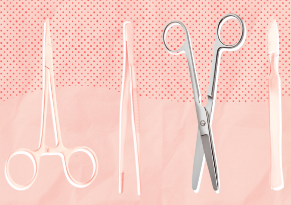 Four surgical tools on a red background.