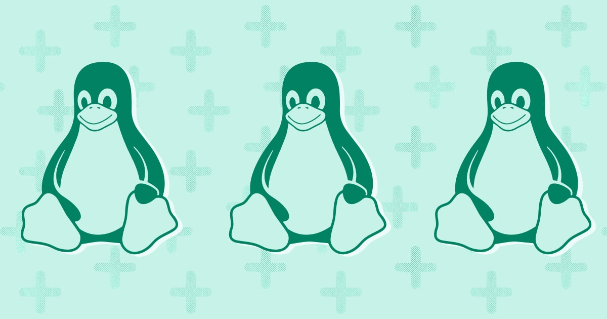 Green background with three Linux brand penguins sitting in a row.