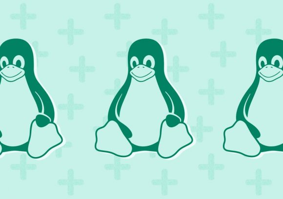 Green background with three Linux brand penguins sitting in a row.