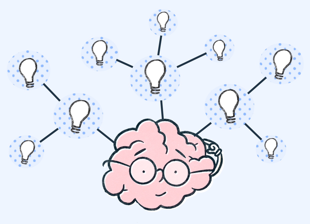 Illustration of a mind map showing a brain character wearing glasses and 10 lightbulbs linked to it.