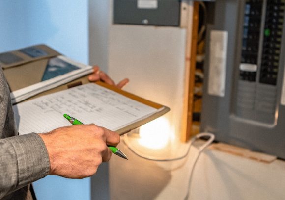 Close up of a home inspector holding a clipboard and reviewing the mechanical functions of a breaker box.