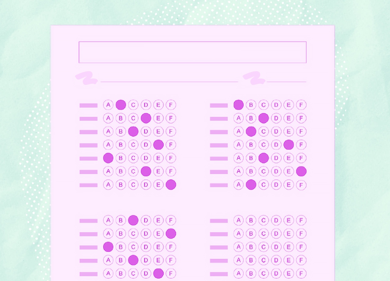 Pink tinted multiple choice Scantron style sheet with random bubbles filled in on a green background.