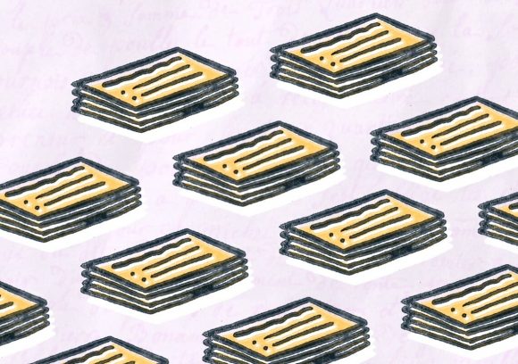 Stacks of yellow flashcards on a pink background in a diagonal pattern. Illustration.