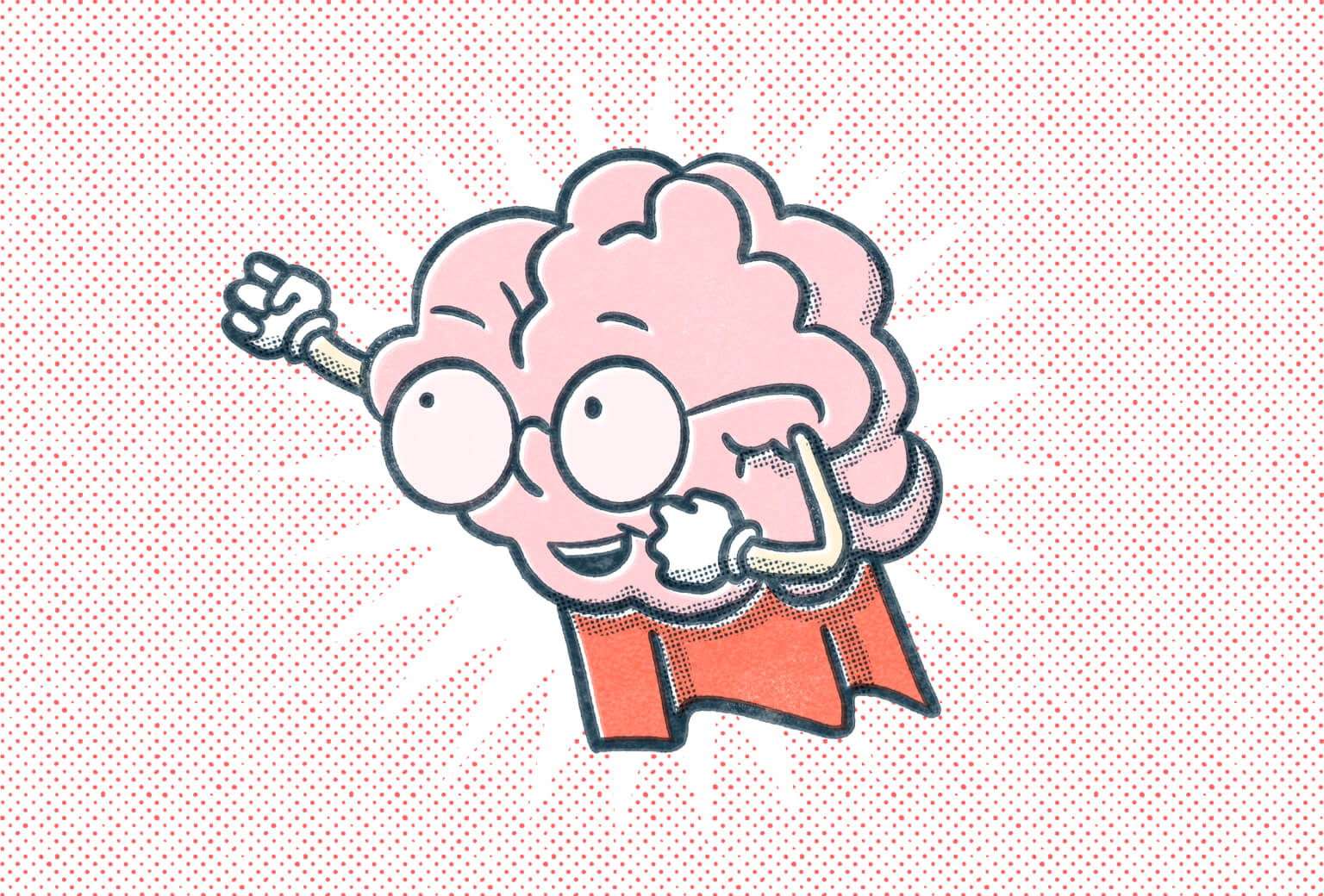 An illustrated brain character wearing glasses and a cape blasting off like Superman on a dotted red background.