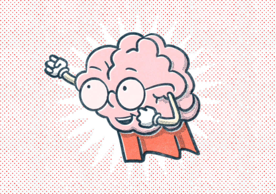 An illustrated brain character wearing glasses and a cape blasting off like Superman on a dotted red background.